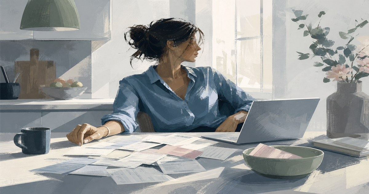 Woman sitting at a kitchen table with a laptop and pay stubs, leaning back with relaxed posture in morning light