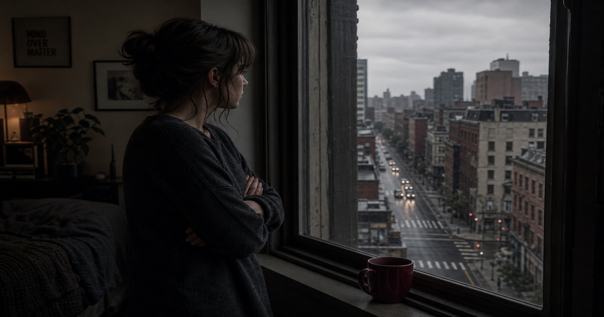 Person standing at an apartment window with arms crossed, gazing pensively at an overcast city street, a burgundy mug resting on the windowsill