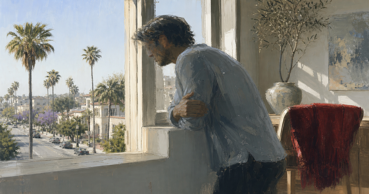 California worker dealing with employer retaliation, leaning against apartment window in Southern California with worried posture