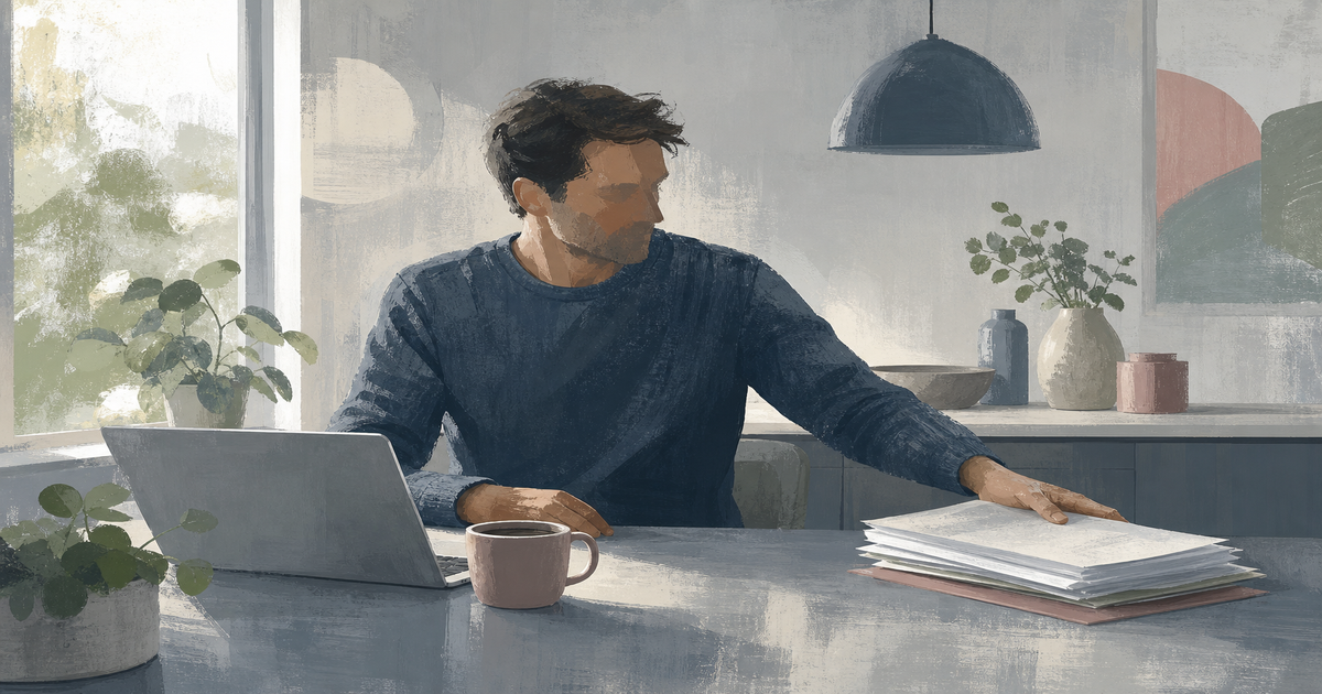 Person sitting at a kitchen table relaxing while setting aside paperwork next to an open laptop and coffee mug