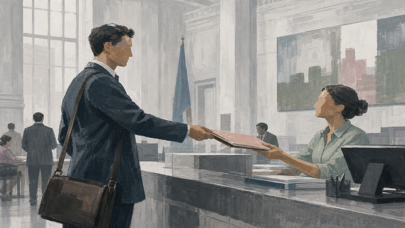 Person standing at a government counter confidently submitting a folder of documents to a clerk in an official building