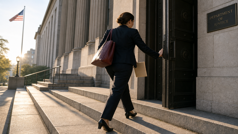 Person carrying a folder and a crimson shoulder bag walking up the steps of a government building in morning light