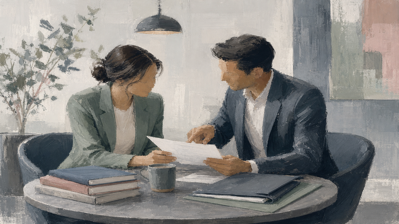 Two people at a cafe table reviewing a document together with reassuring body language and training materials nearby