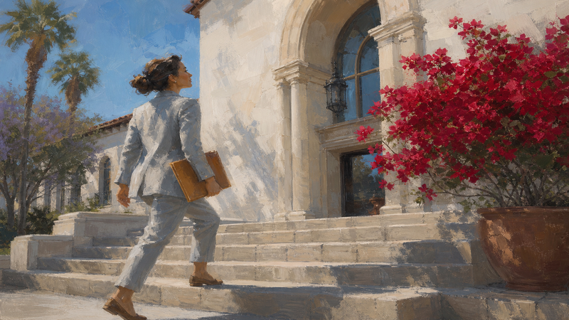 Person walking confidently up steps of a Spanish-revival municipal building in Southern California sunshine with red bougainvillea