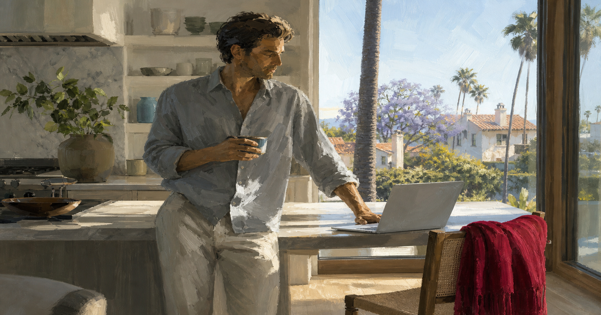 Person reading about unpaid wages in California on laptop in sunny kitchen with confident posture